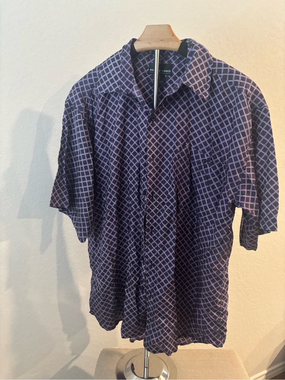 Vintage Robert Louis Silk Shirt Purple Grid Plaid Short Sleeve Mens L 90s Y2K